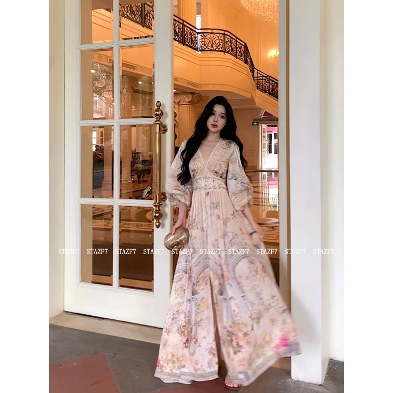 Yumeiko Stazf7 Plus-Size French Resort-Style Waist-Cinching Printed Dress for Women, Summer Vintage V-Neck Rhinestone Embroidered Long Dress