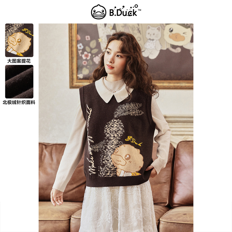 【Country Song Series】B.Duck Little Yellow Duck 2026 Winter Loose Color-Block Jacquard Sweater Vest