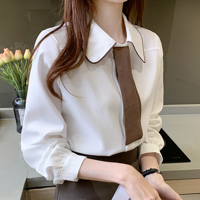 Hong Kong style retro French style layered shirt female spring new doll bow tie streamer small shirt salt design top