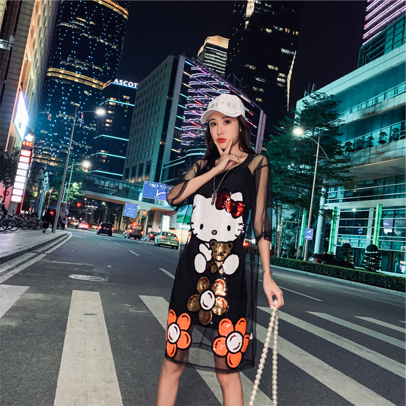 2024 Women's Summer New Style Mesh Sexy Two-Piece Set Short-Sleeved Base Shirt with Lace Top and Sequin Top