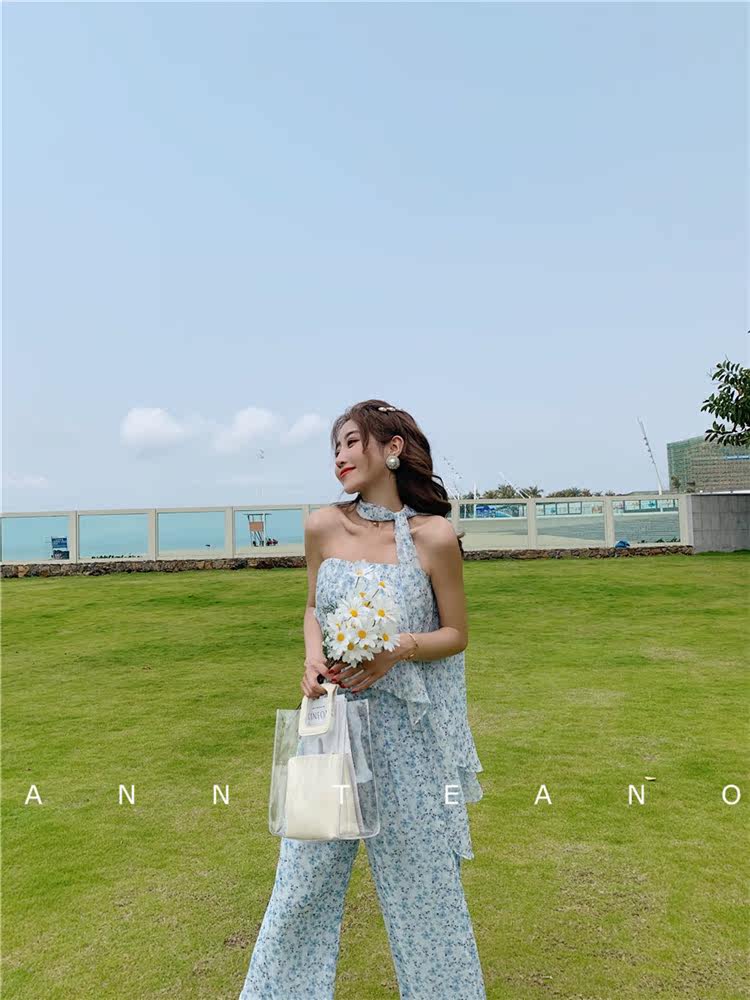 Боди/брюки 【vkbang】正品设计师ann teano 蓝色粉色印花抹胸钻扣飘带连体裤