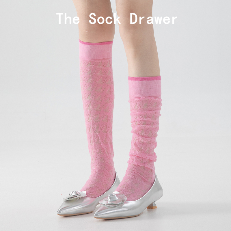 Pink Cute Dopamine Long Tube Slouch Socks for Women, New Spring and Autumn Hollow Mesh College Style Calf Socks
