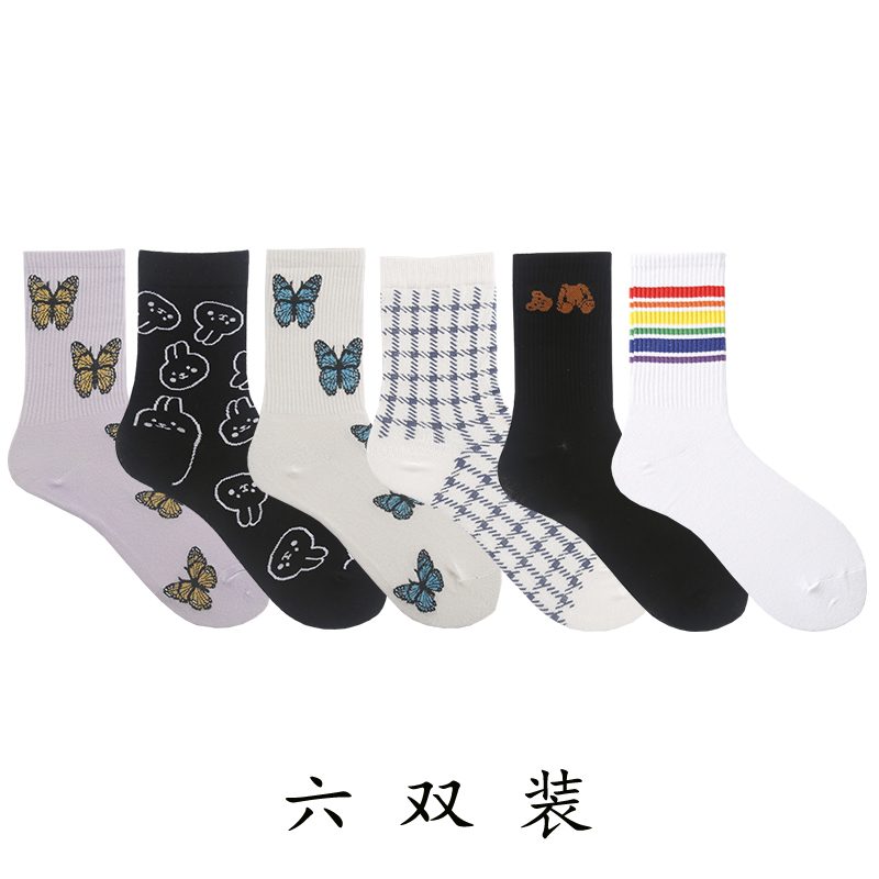 【X24】6 double Socks female Middle tube socks ins tide Internet celebrity street Medium and long term solar system Korean version Versatile Academic atmosphere Stockings female tide