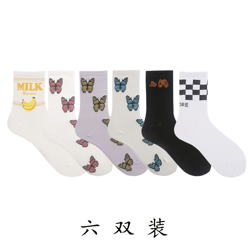 【X22】6 double Socks female Middle tube socks ins tide Internet celebrity street Medium and long term solar system Korean version Versatile Academic atmosphere Stockings female tide