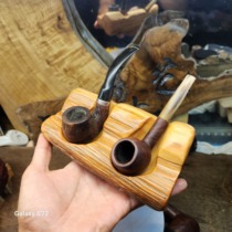 Handmade solid wood Taihang Thuja two-position pipe rack with original leather tiger skin pattern universal two-pipe display stand holder