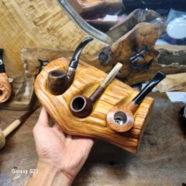 Handmade solid wood conformable Taihang Thuja three-person pipe rack with original leather tiger skin pattern universal 3-pipe display stand