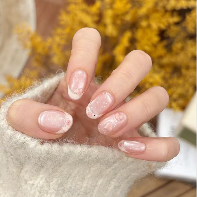 【Maidoudou】Light Pink Pearlescent Cute Little Pocket 3D Heart Press-On Nails, Gentle Short Style Detachable Nail Tips 【Maidoudou】Light Pink Pearlescent Cute Little Pocket 3D Heart Press-On Nails, Gentle Short Style Detachable Nail Tips