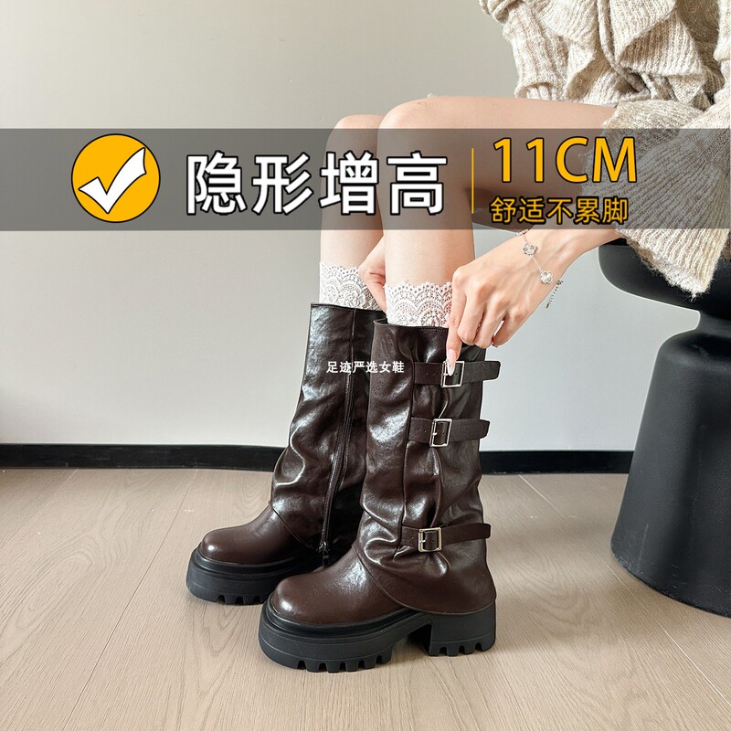 Women's 2026 New High-Heeled Boots with 11cm Hidden Height Increase, Thick-Soled Long Boots, Leather Buckle, Stacked Trouser-Leg Boots Women's 2026 New High-Heeled Boots with 11cm Hidden Height Increase, Thick-Soled Long Boots, Leather Buckle, Stacked Trouser-Leg Boots