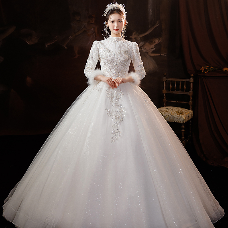 Fugitive princess wedding dress 2023 new bridal main yarn French style light little sub winter long sleeves thickened warm Qi ground-Taobao