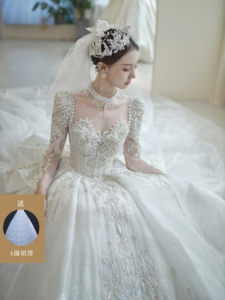  M 100 catties+Long -sleeved trailer wedding dress show   + $7.70 
