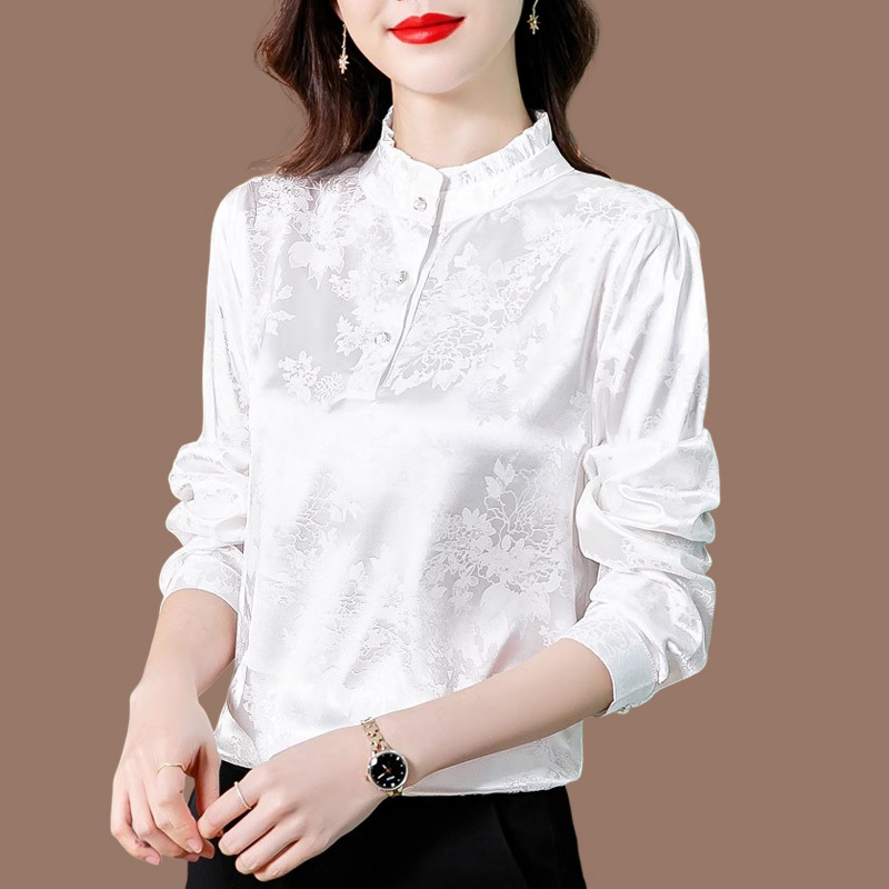 Shirt Top Women's Blouse Silk Mulberry Silk White Satin Jacquard Ruffle Collar High-End Base Shirt Long-Sleeved Shirt
