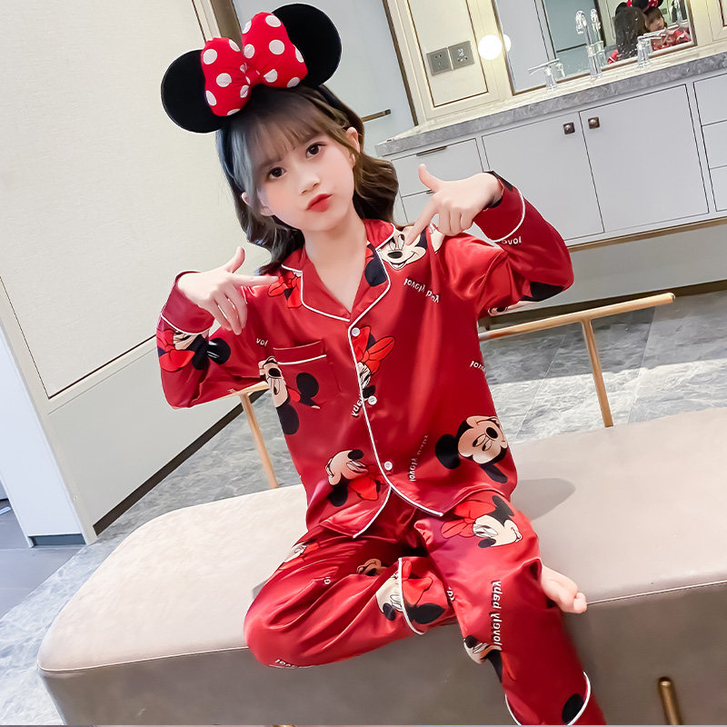 Children's pajamas spring and autumn thin cotton silk girls' home clothes long-sleeved ice silk princess middle-aged children's parent-child mother-daughter pajamas