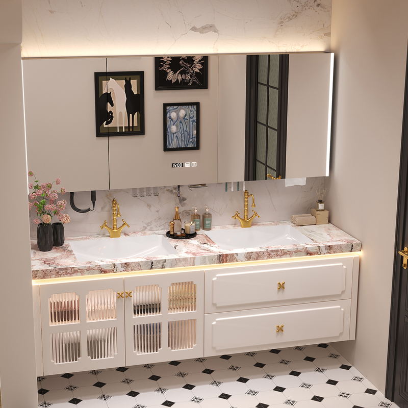 Four-Season Pink Slate Seamless Ceramic Double Basin Oak Bathroom Cabinet Set French-Style Bathroom Vanity Washbasin Cabinet