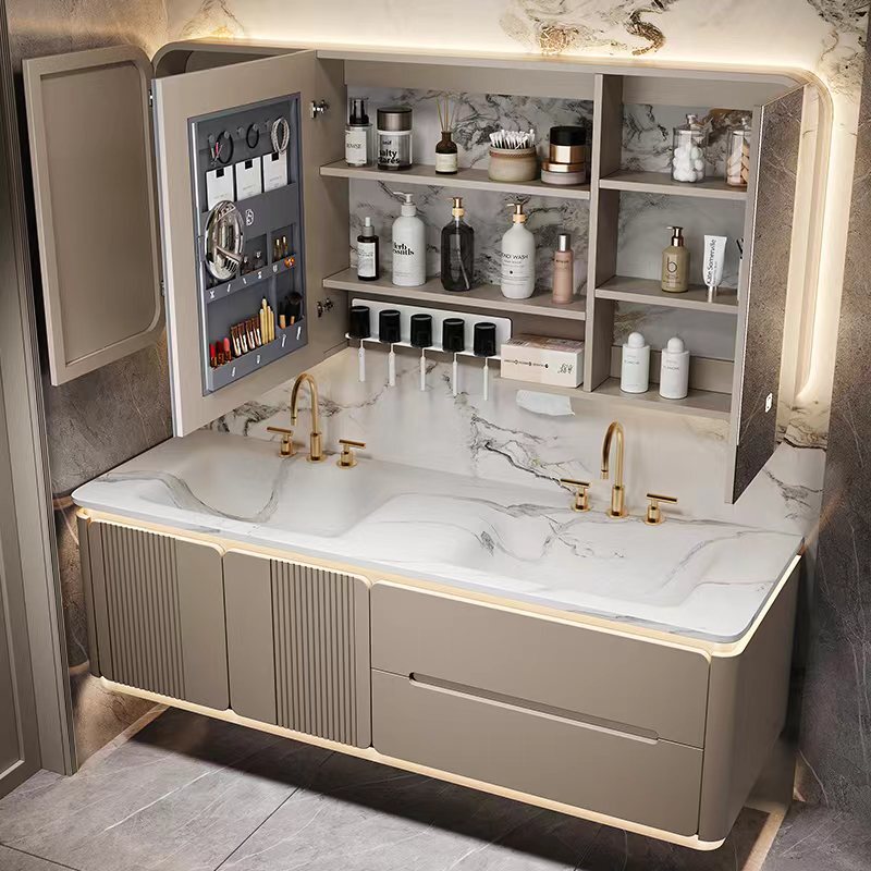 Slate Hot-Bent Seamless Integrated Double-Basin Bathroom Cabinet Oak Bathroom Vanity Sink Washbasin Cabinet Set