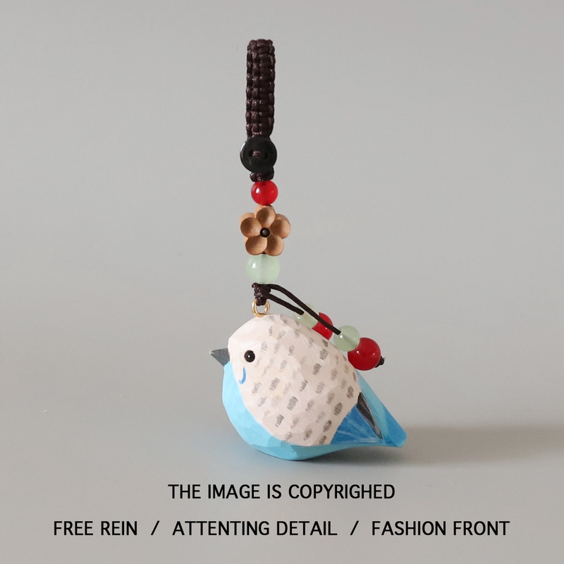 Handmade Wood Carving Bird Blue Budgie Keychain Pendant Cute Backpack Decoration Gift for Friends