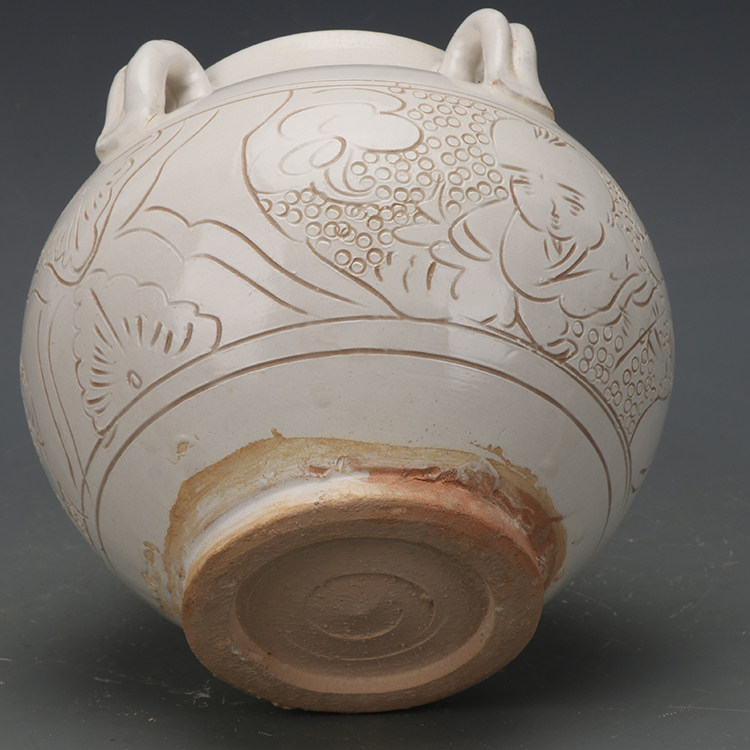 宋代磁州窑白釉珍珠点刻娃娃纹四系罐，复古装饰品的魅力何在？🎨-仿古