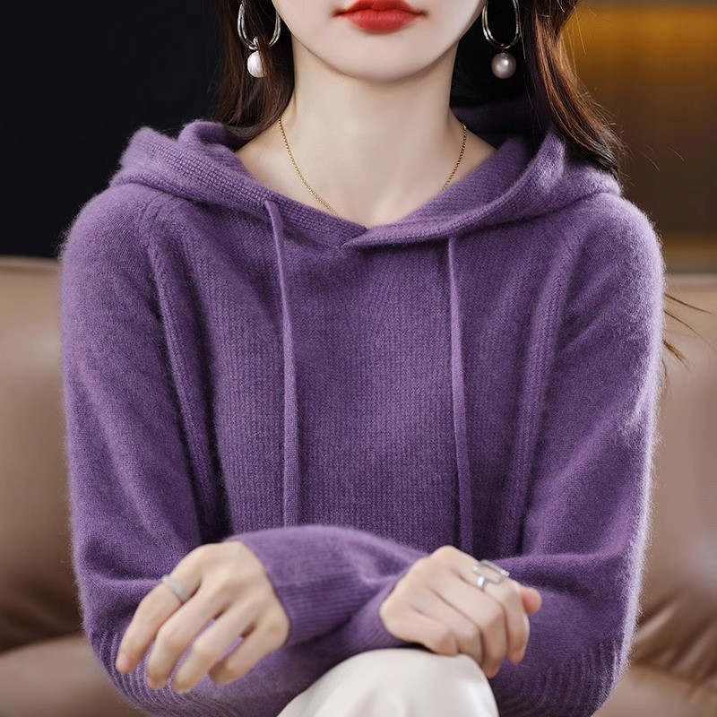 100% Pure Cashmere Hoodie for Women, Solid Color Knitted Hooded Sweatshirt, Loose Casual Seamless Wool Hooded Base Sweater 100% Pure Cashmere Hoodie for Women, Solid Color Knitted Hooded Sweatshirt, Loose Casual Seamless Wool Hooded Base Sweater