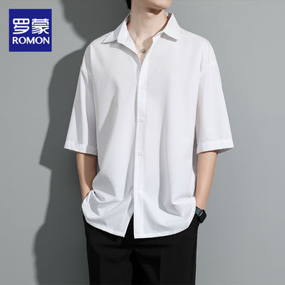 Romon short-sleeved men's summer thin, cool black casual shirt, stylish and cool, loose, anti-wrinkle solid color shirt