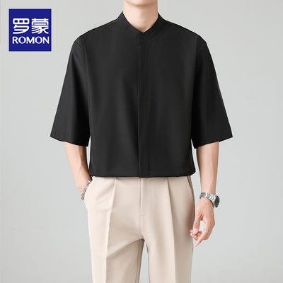 Romon short-sleeved shirt, men's summer five-quarter and mid-sleeved top, loose Chinese stand-up collar shirt, business casual inch shirt