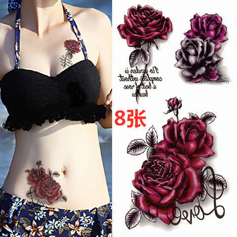 3D Rose Waterproof Tattoo Sticker Woman Lasting True Sexy Chest Waist Scar Mesh Red Sticker Sticker