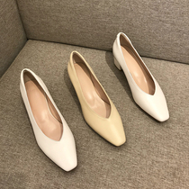 (Shoemaker queen)workplace bi prepared thick heel square head shallow mouth with leather nude new high-heeled shoes