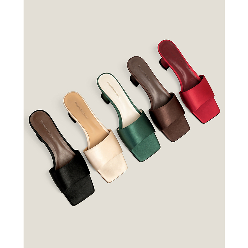 [Shoemaker Queen × Summer Essentials] Minimalist Style Genuine Leather Square-Toe Slip-On Sandals with Chunky Heels for Fashionable Outdoor Wear