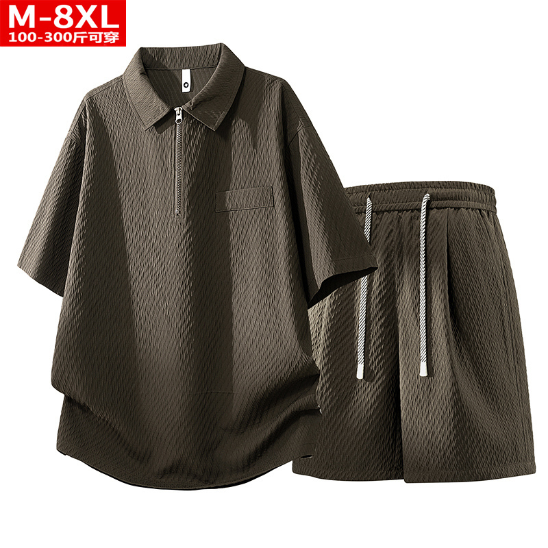 Summer Trendy Men's Fashion Jacquard Striped Short-Sleeve Polo Shirt and Five-Point Shorts Plus Size Loose Casual Set