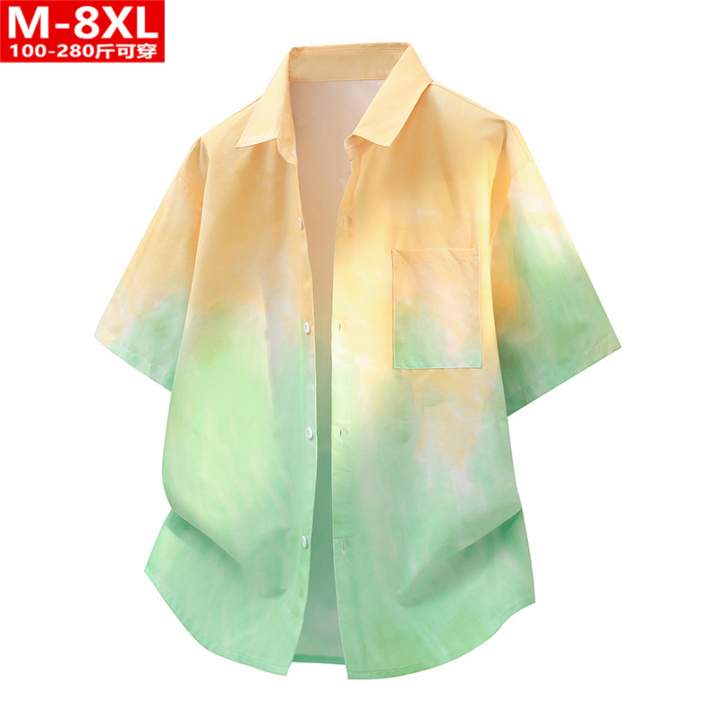 Summer Hong Kong Style Men's Clothing Gradient Print Square Collar Short-Sleeved Shirt for Fat Men Plus Size Loose Casual Shirt Summer Hong Kong Style Men's Clothing Gradient Print Square Collar Short-Sleeved Shirt for Fat Men Plus Size Loose Casual Shirt