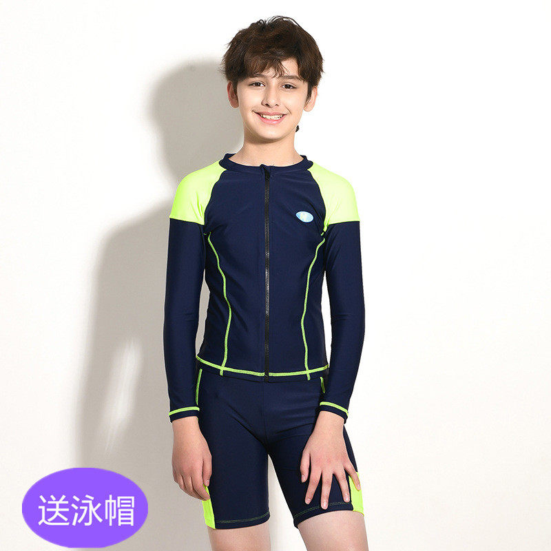 2021 new boys CUHK child teenagers Long sleeves Two-style 50% flat angle swimming trunks Professional training speed dry swimsuit