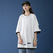 Short sleeve 2021 summer male fake two pieces creative hole trend half sleeve leisure loose versatile base round neck T-shirt