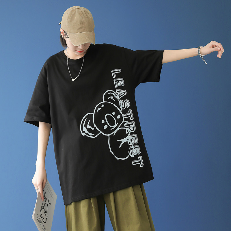 Black short - sleeved summer men loose 2021 new Korean bear printed tops fashion and blouse