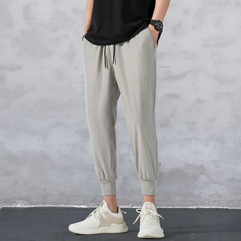 Summer thin ice silk nine-point pants Slim-fit small feet tie leg tie mouth pants Korean version of the trend quick-drying gray slacks