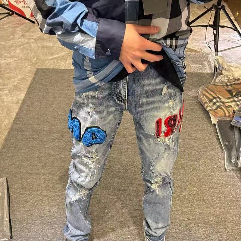 American High Street Style, Same High-Quality Am Letter Embroidered Jeans for Men, Versatile Slim Fit, Slightly Flared Straight-Leg Pants