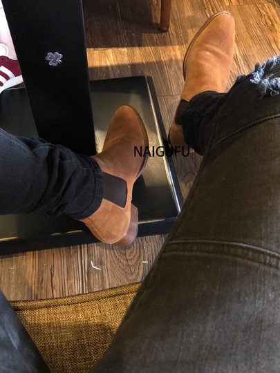 European and American winter CHELSEA BOOT Chelsea boots men's pointed-toe genuine leather British deerskin high-top Martin boots men's trendy