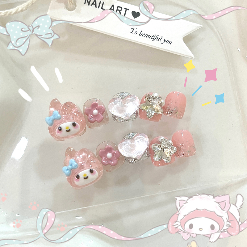 Children's 3D Folded Ear Pink Rabbit Heart Shaped Glitter Nail Art Stickers, Reusable and Removable Nail Decorations