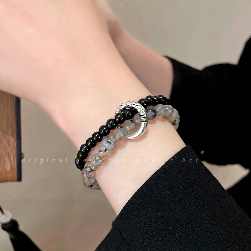 Natural Stone Zen-Inspired New Chinese Style Beaded Bracelet for Women, Double-Layered Ink Wash Peace Buckle Jewelry, Niche Couple Bracelet