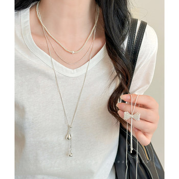 Korean style silver water drop bow pearl necklace women's simple and versatile clavicle chain high-end long clothing accessories