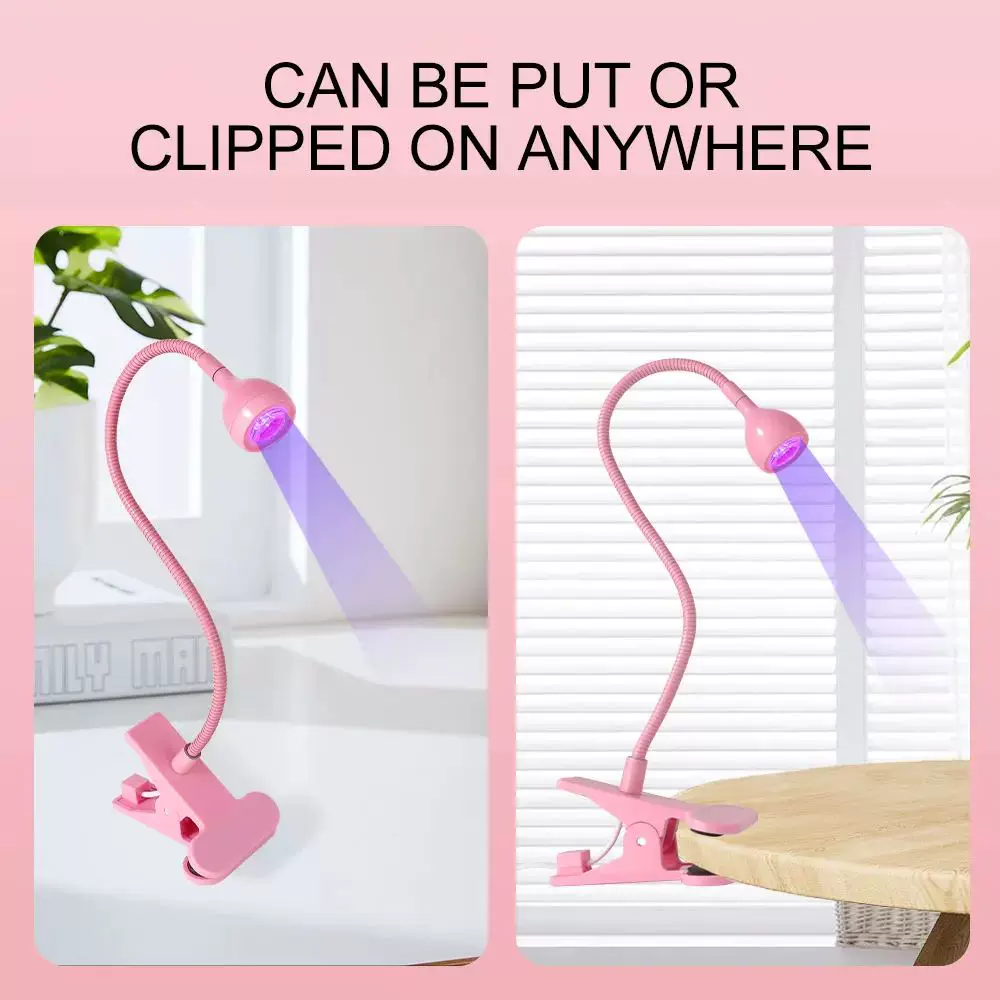 LED UV лампа для ногтей, прищепка, USB питание, гибкий гусек (чёрная/розовая/белая)