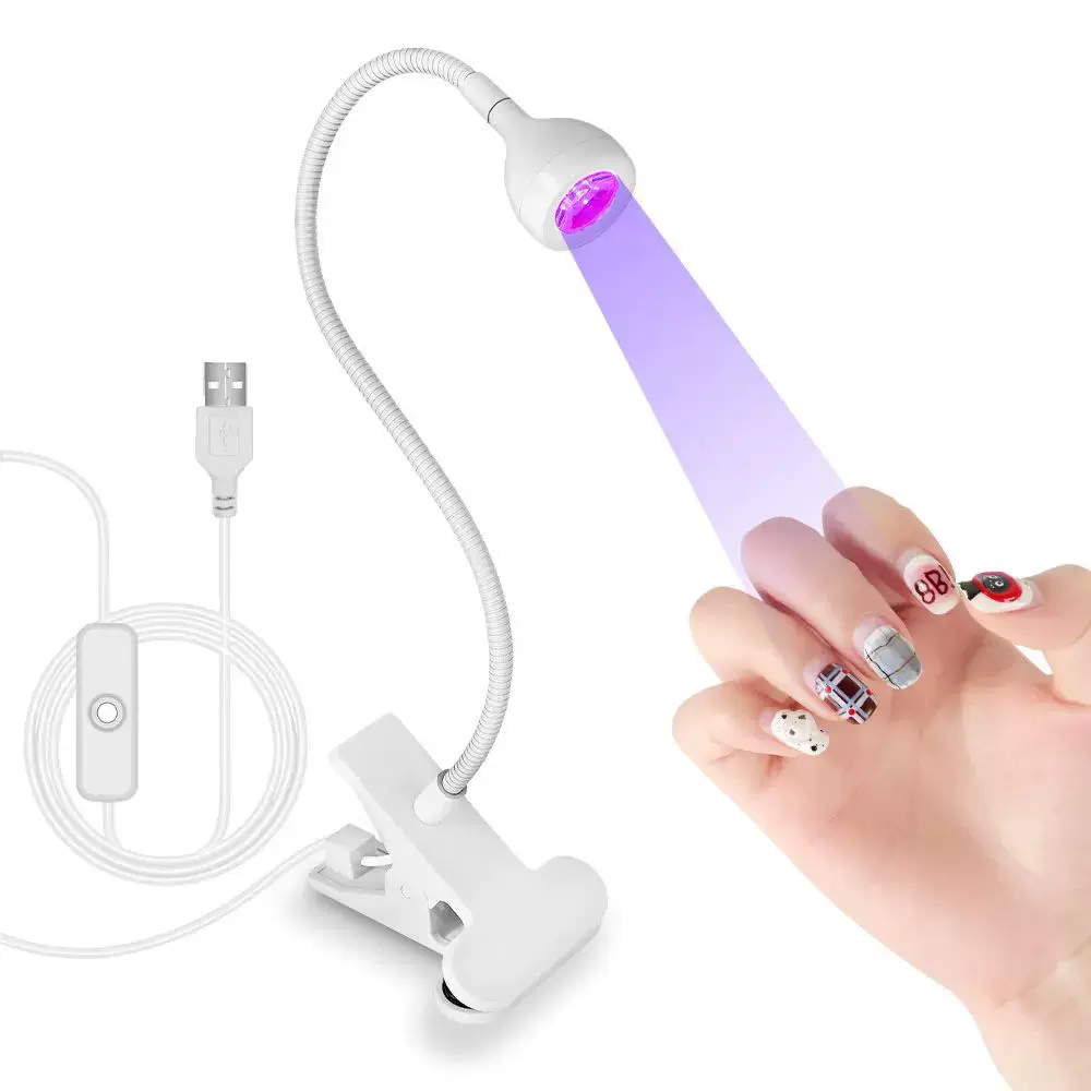 LED UV лампа для ногтей, прищепка, USB питание, гибкий гусек (чёрная/розовая/белая)