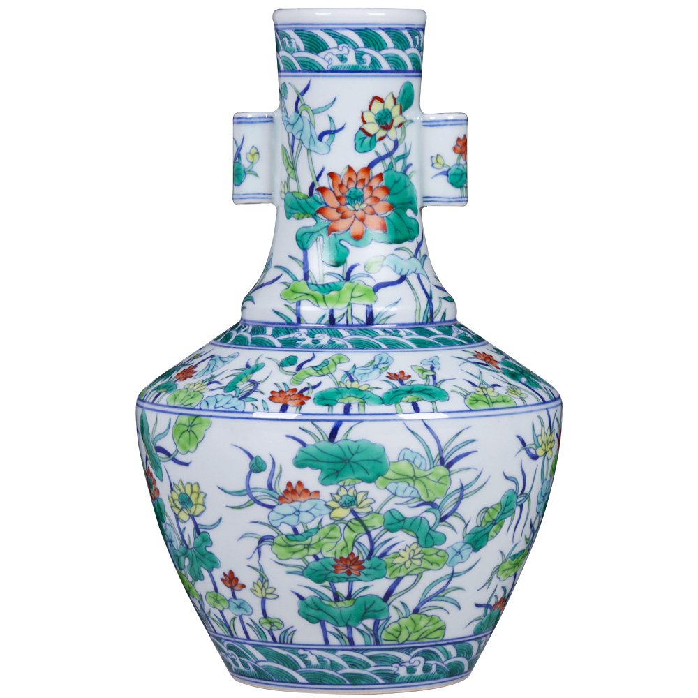 Jingdezhen ceramics imitation the qing qianlong bucket color lotus pattern consistent ear vase sitting room adornment of Chinese style household furnishing articles