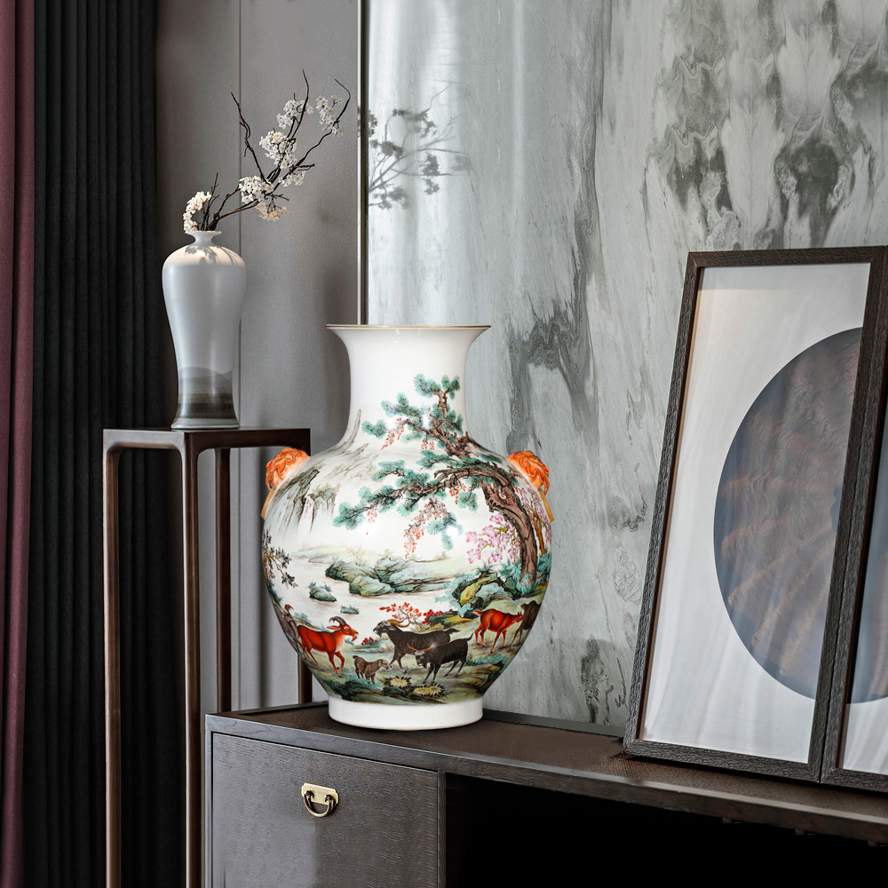 Jingdezhen ceramics furnishing articles archaize pastel gloat lion shell vase Chinese style living room craft ornaments