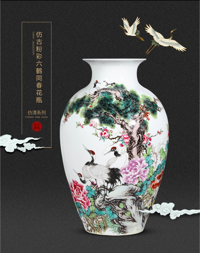 The Spring of archaize of jingdezhen ceramics powder enamel crane with vase sitting room of Chinese style household decoration crafts are the desktop