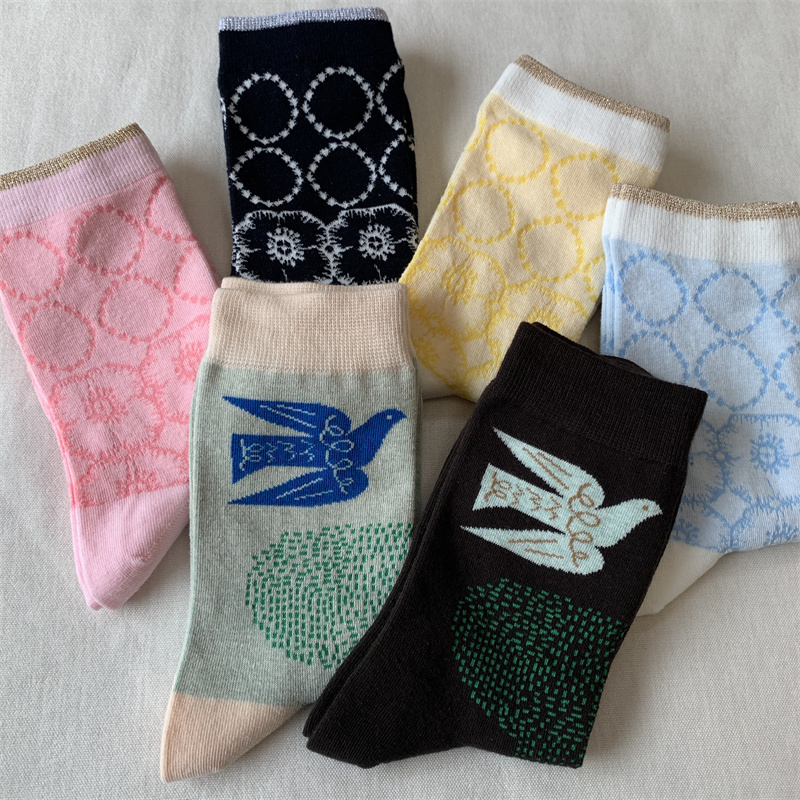 Japanese Style Akira Minagawa-Inspired Niche Artistic Multi-Patterned Women's Cotton Blend Mid-High Tube Socks with Birds and Trees and Tambourine Design