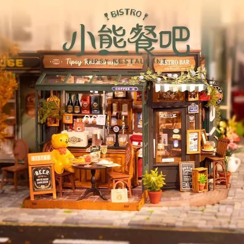 Rolife Ruolai Little Bear Dining Bar DIY Handmade Miniature Art House Miniature Model House Assembled House Building Blocks for Girls