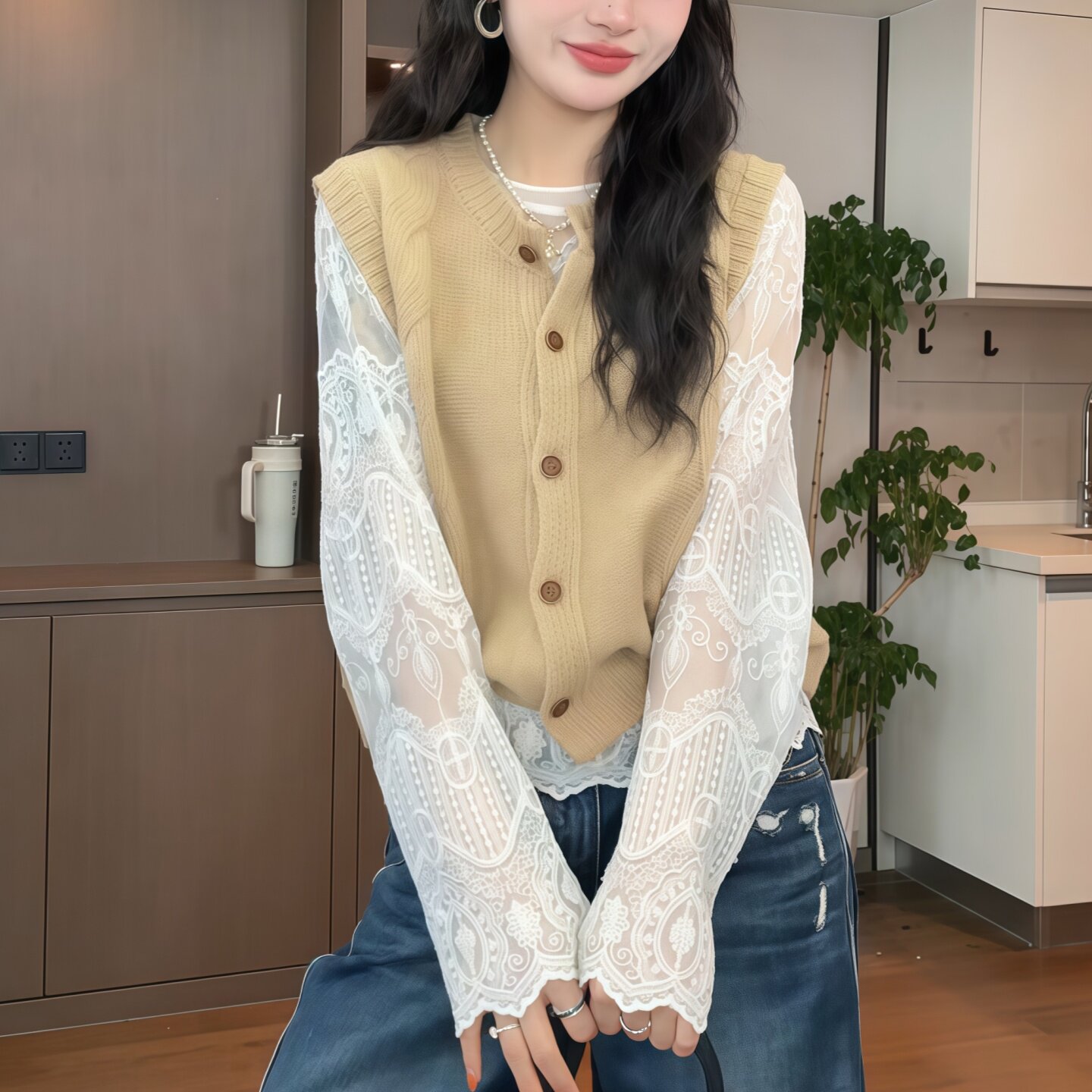 Женская кружевная рубашка с полым вязаным низом, новинка 2025 года, осенняя многослойная кружевная рубашка в западном стиле с длинными рукавами, микропроницаемый топ