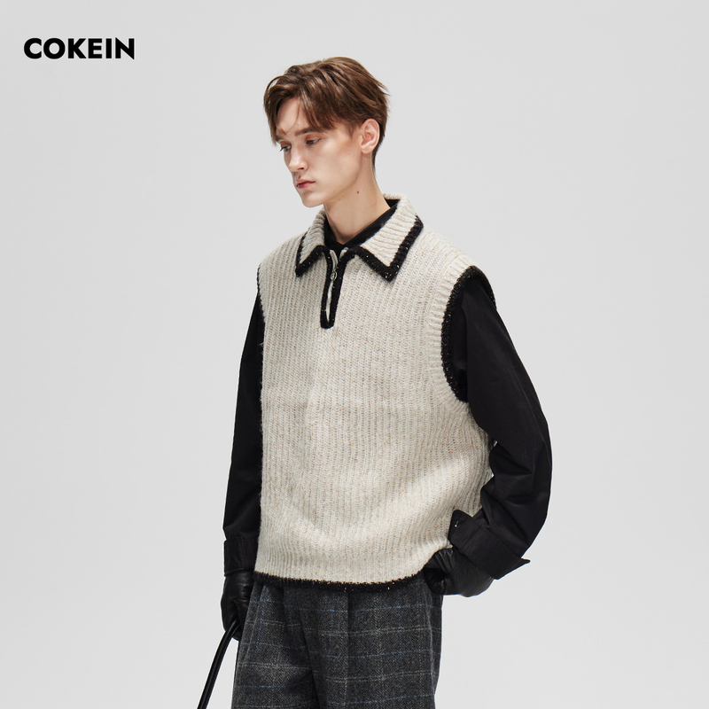 Cokein Sweater Men's Vest Spring Lapel Casual Original Design Color-Blocking Trendy Sleeveless Vest Cokein Sweater Men's Vest Spring Lapel Casual Original Design Color-Blocking Trendy Sleeveless Vest