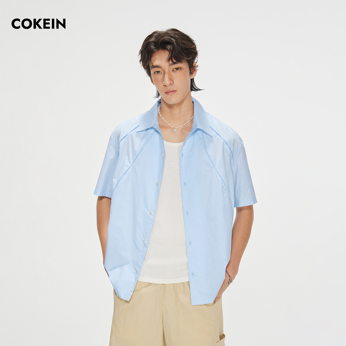 COKEIN衬衫男2026年夏季原创多重分割纯棉上衣纯色贝壳扣短袖衬衣