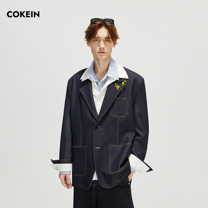 Cokein Men's Suit 2026 Spring Original Design Casual Top Retro Loose Faux Denim Blazer
