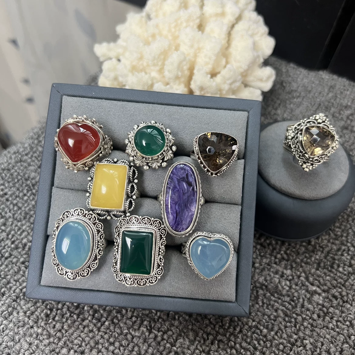 Import stone inlay wax agate, sapphire agate retro tea, ring, silver 925 sample
