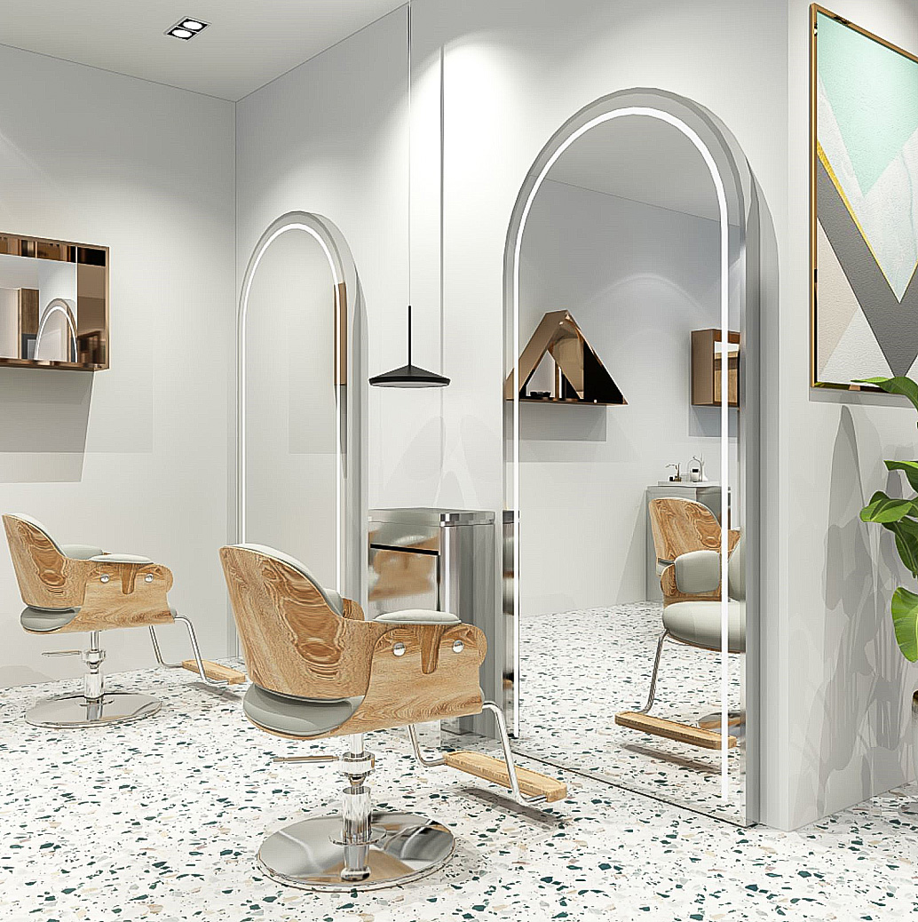 Net red single-sided light luxury hair salon hairdressing mirror simple modern hair salon special stainless steel floor mirror with lamp against the wall